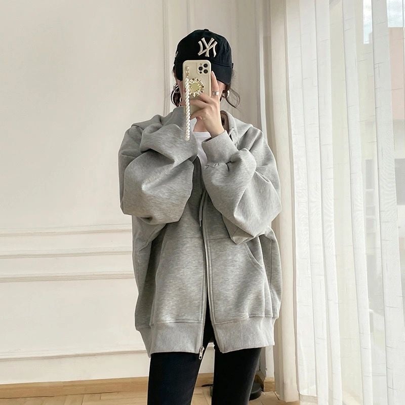 Zipper Sweater Women'S 2022 New Grey Winter Plus Size High Street Fleece-Lined Thickened Jacket Hooded Cardigan Trendy - Image 2