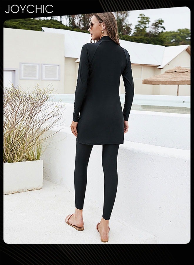 Joychic 3-piece Muslim Women Conservative Swimwear Set Summer Casual Comfortable and Sun Protection Long Sleeve Zipper Closure Swimsuit Lightweight Beach Wear Black - Image 4