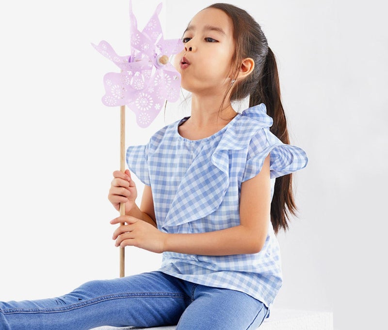 Tchibo Kids Girls Vichy Blouse, Light Blue and White - Image 1