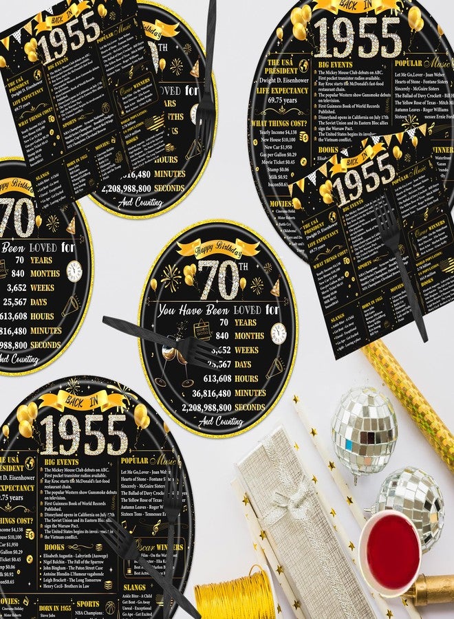 refavor 70th Birthday Decorations for Men Women, 96PCS 1955 Theme Party Plates Napkins and Forks Set, Disposable Black Gold Happy 70 Years Old Birthday Tableware Decor Supplies - Image 5