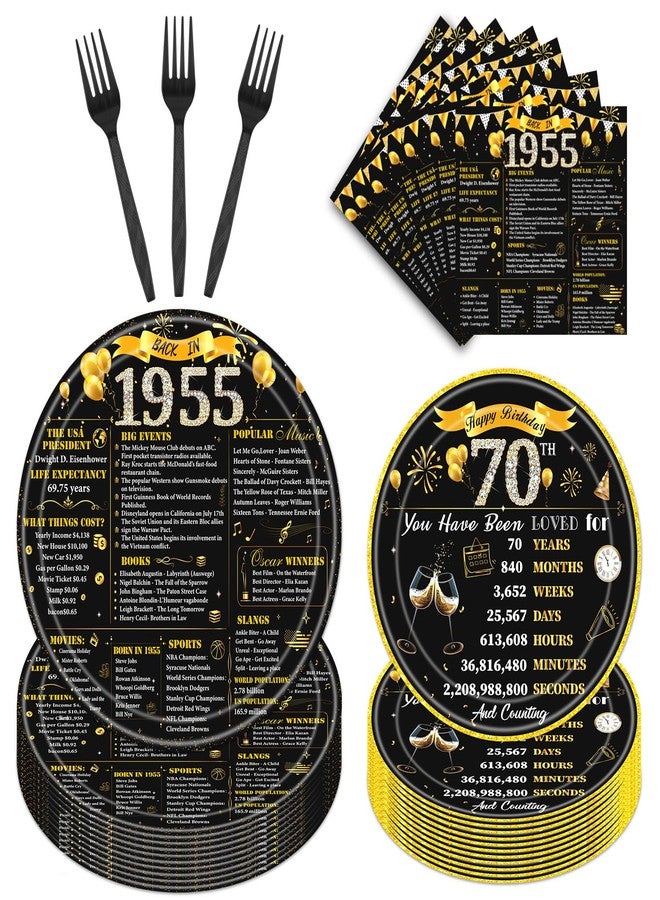 refavor 70th Birthday Decorations for Men Women, 96PCS 1955 Theme Party Plates Napkins and Forks Set, Disposable Black Gold Happy 70 Years Old Birthday Tableware Decor Supplies - Image 1