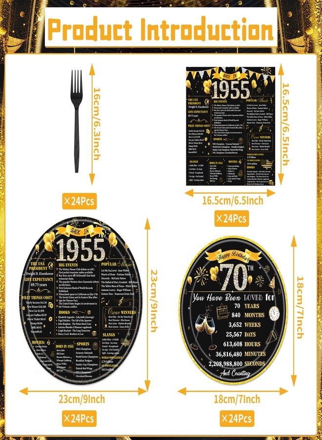 refavor 70th Birthday Decorations for Men Women, 96PCS 1955 Theme Party Plates Napkins and Forks Set, Disposable Black Gold Happy 70 Years Old Birthday Tableware Decor Supplies - Image 2