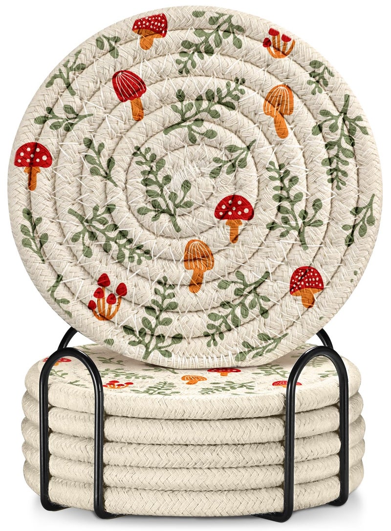 Kokaaee Cup Coasters for Drinks Absorbent - for Coffee Wooden Table Office Cute Farmhouse Outdoor Rustic Desk Kawaii Woven Women Kids Soft Cloth Braided Fabric Mushroom Coaster Set of 6 with Holder - Image 1