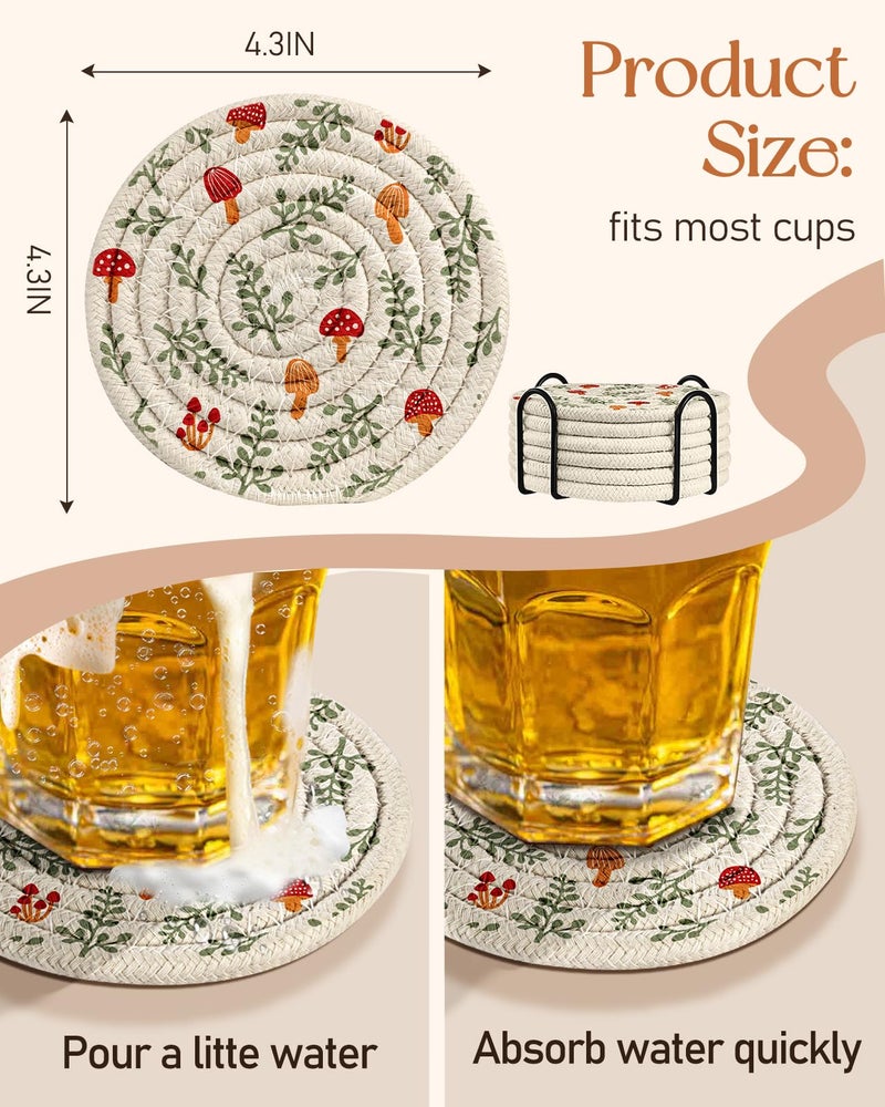 Kokaaee Cup Coasters for Drinks Absorbent - for Coffee Wooden Table Office Cute Farmhouse Outdoor Rustic Desk Kawaii Woven Women Kids Soft Cloth Braided Fabric Mushroom Coaster Set of 6 with Holder - Image 4