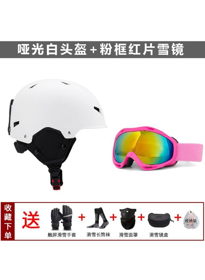 Professional Lightweight Ski Helmet with Snow Goggles, White Helmet, Pink Frame Red Film Goggles, Unisex for Skiing and Snowboarding