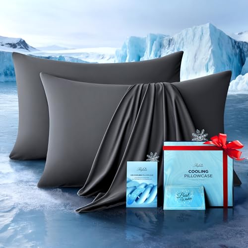 Rifens Ultra-Chill Cooling Pillowcase Set of 2 for Hot Sleepers, Softer Than Silk Pillow Cases for Protecting Hair & Skin, Breathable Bed Pillow Covers w/Zipper, Gifts for Women Men(Dark Gray, Queen) - Image 1