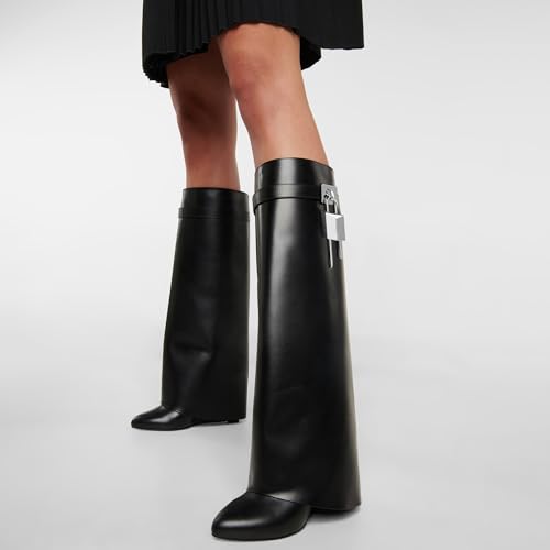 Arqa Fold Over Black Knee High Boots for Women Covered Wedge Heel Shark Boots Pull-on Black Boots Fashion Party Almond Toe Booties Size 8 - Image 3