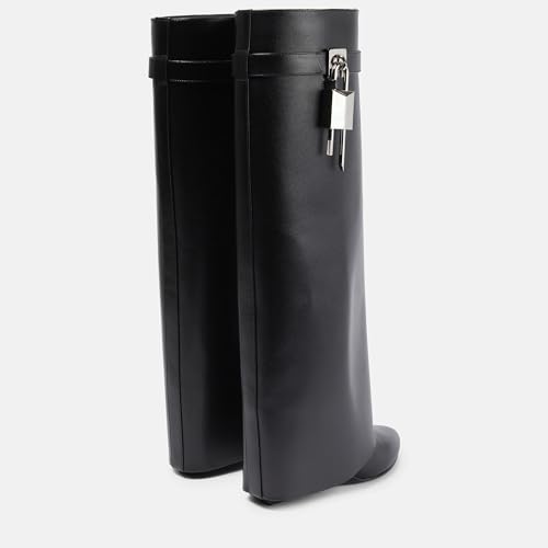Arqa Fold Over Black Knee High Boots for Women Covered Wedge Heel Shark Boots Pull-on Black Boots Fashion Party Almond Toe Booties Size 8 - Image 4