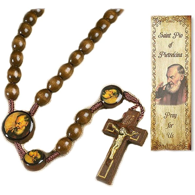 Autom Saint St Padre Pio Pietrelcina 10MM Wood Bead 19 Cord Rosary with Prayer Card - Image 3