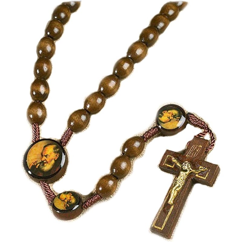 Autom Saint St Padre Pio Pietrelcina 10MM Wood Bead 19 Cord Rosary with Prayer Card - Image 1