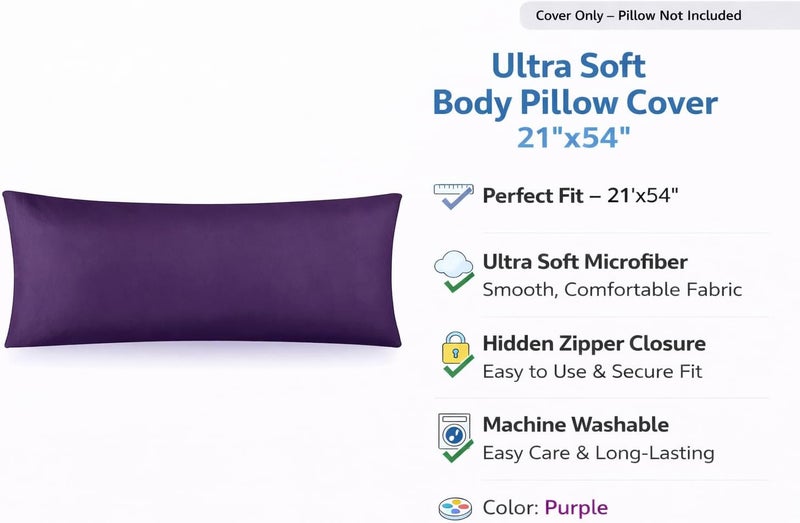 EVOLIVE Ultra Soft Microfiber Body Pillow Cover/Pillowcases 21"x54" with Hidden Zipper Closurer (21"x54" Body Pillow Cover, Purple) - Image 2