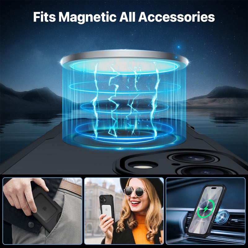 CENHUFO حافظة CENHUFO المغناطيسية للخصوصية لجهاز iPhone 17 [متوافقة مع Magsafe] حافظة هاتف كاملة الجسم مع واقي شاشة زجاجي مقسى 9H مدمج لحماية الكاميرا واقي للصدمات غطاء شفاف - أسود - Image 4