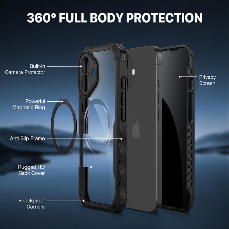 CENHUFO حافظة CENHUFO المغناطيسية للخصوصية لجهاز iPhone 17 [متوافقة مع Magsafe] حافظة هاتف كاملة الجسم مع واقي شاشة زجاجي مقسى 9H مدمج لحماية الكاميرا واقي للصدمات غطاء شفاف - أسود - Image 3