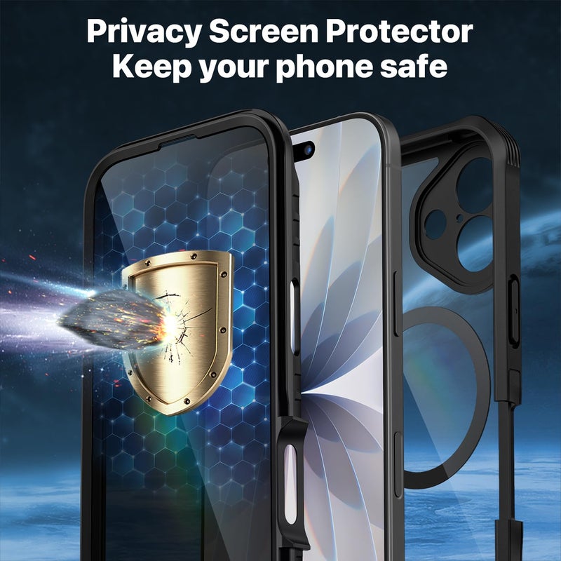 CENHUFO حافظة CENHUFO المغناطيسية للخصوصية لجهاز iPhone 17 [متوافقة مع Magsafe] حافظة هاتف كاملة الجسم مع واقي شاشة زجاجي مقسى 9H مدمج لحماية الكاميرا واقي للصدمات غطاء شفاف - أسود - Image 5