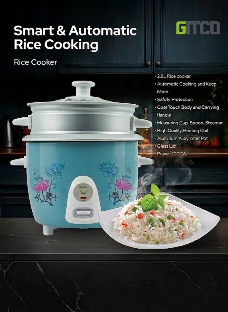 GITCO 3 in 1 Electric Rice Cooker 2.8 L With Non-Stick Inner Pot, Stainless Steel Lid, A Rice Scoop and Measuring Cup, Includes Cook, Steam and Keep Warm Function with Indicator Light/ Cool Touch Handle with Aluminum Outer Steamer 1000 W GRC8002 - Image 3