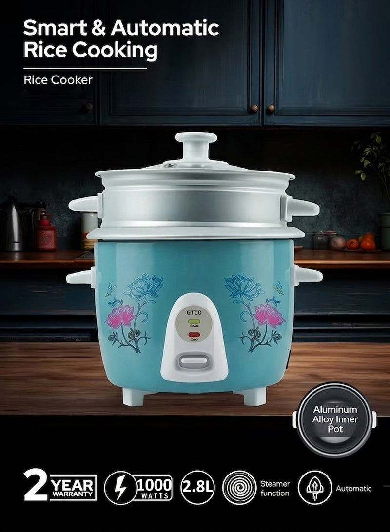 GITCO 3 in 1 Electric Rice Cooker 2.8 L With Non-Stick Inner Pot, Stainless Steel Lid, A Rice Scoop and Measuring Cup, Includes Cook, Steam and Keep Warm Function with Indicator Light/ Cool Touch Handle with Aluminum Outer Steamer 1000 W GRC8002 - Image 2