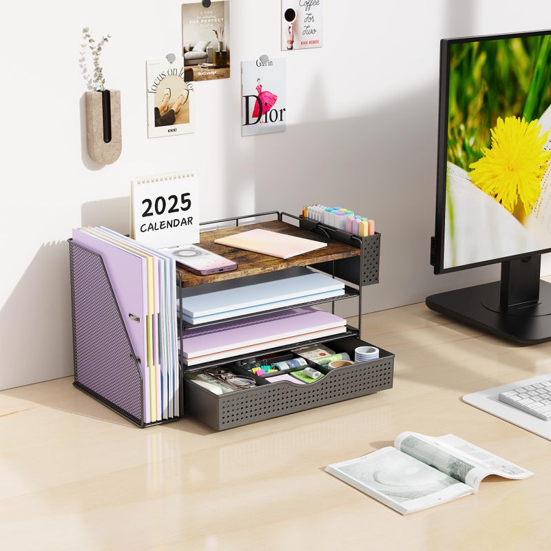 gianotter Wood Desk Organizers and Accessories with File Holder, 4-Tier Desk Accessories & Workspace Organizers with Drawer and Pen Holder, Desk Reference Organizer (Wood) - Image 3