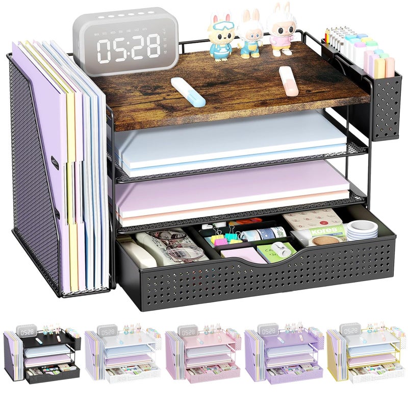 gianotter Wood Desk Organizers and Accessories with File Holder, 4-Tier Desk Accessories & Workspace Organizers with Drawer and Pen Holder, Desk Reference Organizer (Wood) - Image 1
