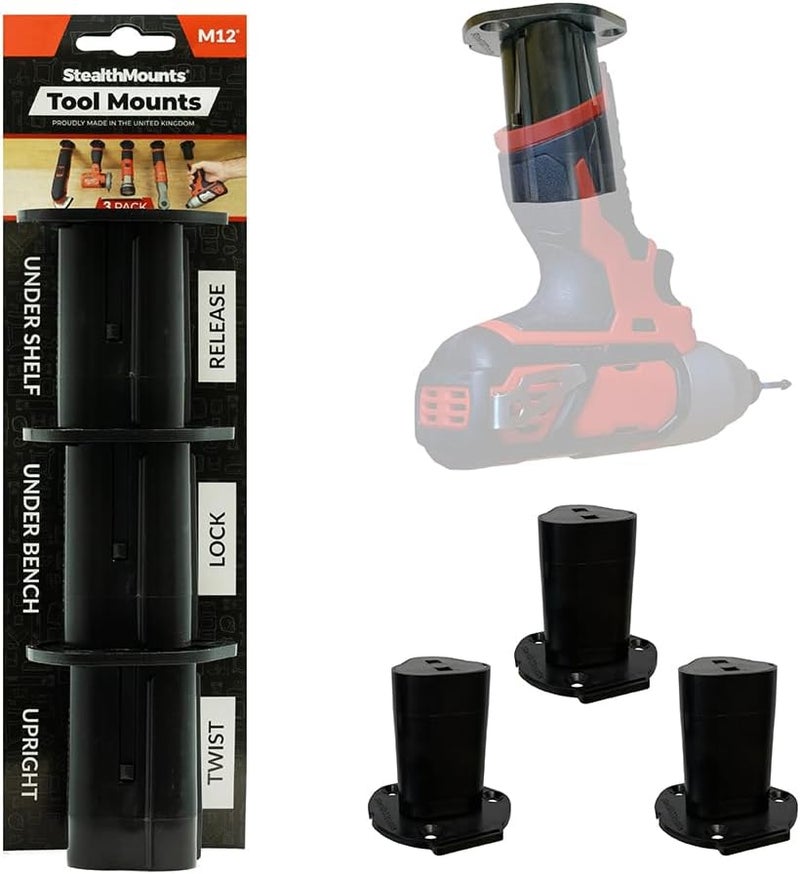 StealthMounts Tool Holder Compatible with Milwaukee M12 (3 Pack) - Black Locking Tool Mounts | Made in the UK - Image 1