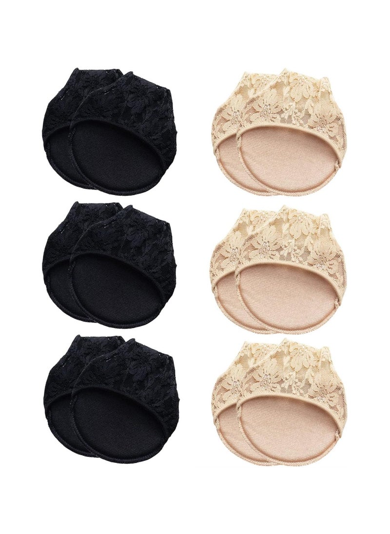 Bukela - Half Toe Socks, 6 Pairs Lace Toe Topper Socks No Show Liner Seamless Socks with Padded Forefoot Non-Slip for Women One Size, Black, Nude - Image 1