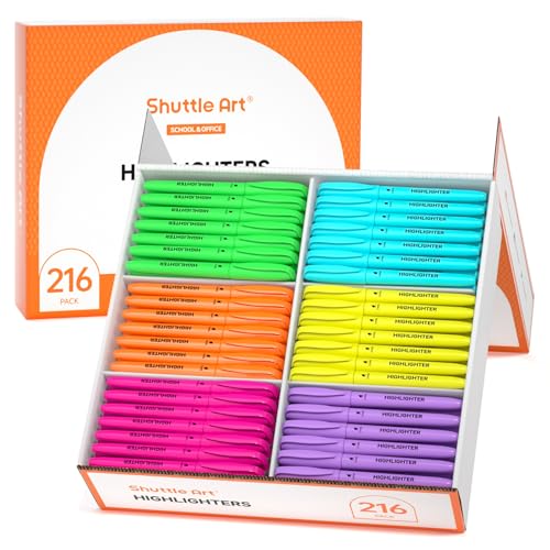 Shuttle Art 216 Pack Highlighters Assorted Colors Marker Set 6 Bright Colors Chisel Tip DryQuickly NonToxic Highlighter Markers Bulk for Adults Teachers Students Highlighting in Home School Office - Image 1