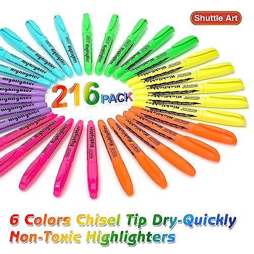 Shuttle Art 216 Pack Highlighters Assorted Colors Marker Set 6 Bright Colors Chisel Tip DryQuickly NonToxic Highlighter Markers Bulk for Adults Teachers Students Highlighting in Home School Office - Image 3