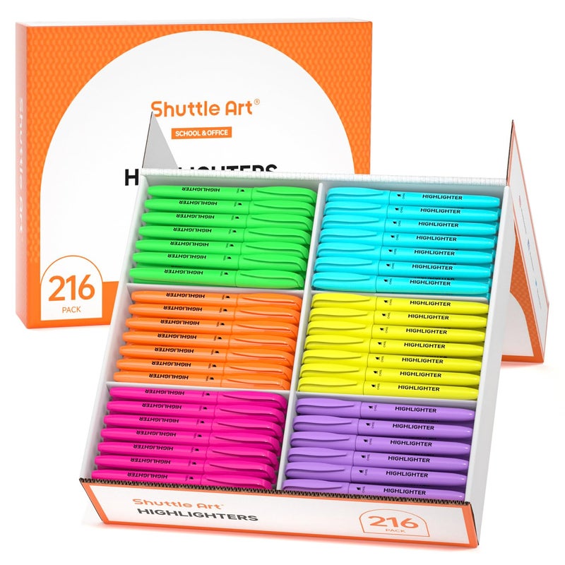Shuttle Art 216 Pack Highlighters Assorted Colors Marker Set 6 Bright Colors Chisel Tip DryQuickly NonToxic Highlighter Markers Bulk for Adults Teachers Students Highlighting in Home School Office - Image 2