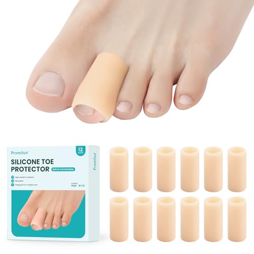 Promifun Silicone Toe Protectors – 12 Pack Silicone Toe Sleeve for Hammer Toes, Corns, Calluses, Blisters – Soft Gel Toe Tube Pads for Pain Relief(Beige) - Image 1