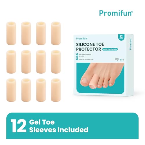 Promifun Silicone Toe Protectors – 12 Pack Silicone Toe Sleeve for Hammer Toes, Corns, Calluses, Blisters – Soft Gel Toe Tube Pads for Pain Relief(Beige) - Image 2
