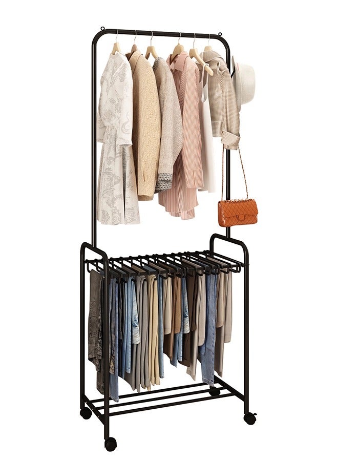 سولاكان ملابس على قضبان مع علاقات بنطلونات، حامل ملابس معدني على عجلات، حامل ملابس قائم بذاته مع علاقات بنطلونات، رف مع شماعات بنطلونات ومنظم للبنطلونات (أسود، 70 × 39 × 175 سم). - Image 1
