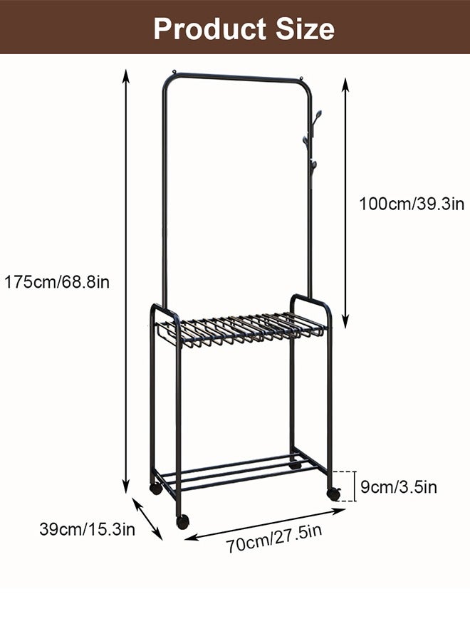 سولاكان ملابس على قضبان مع علاقات بنطلونات، حامل ملابس معدني على عجلات، حامل ملابس قائم بذاته مع علاقات بنطلونات، رف مع شماعات بنطلونات ومنظم للبنطلونات (أسود، 70 × 39 × 175 سم). - Image 2
