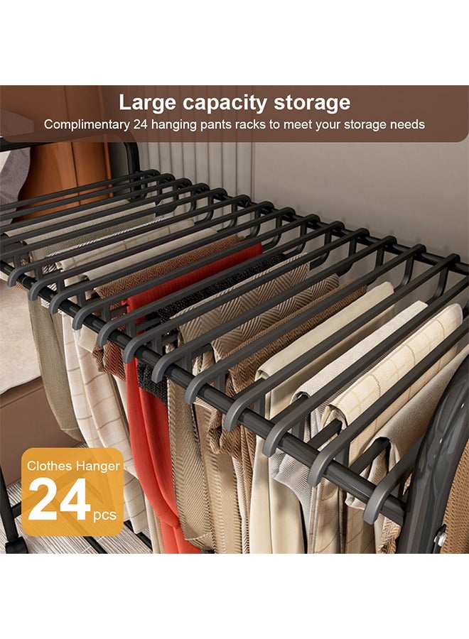 سولاكان ملابس على قضبان مع علاقات بنطلونات، حامل ملابس معدني على عجلات، حامل ملابس قائم بذاته مع علاقات بنطلونات، رف مع شماعات بنطلونات ومنظم للبنطلونات (أسود، 70 × 39 × 175 سم). - Image 3