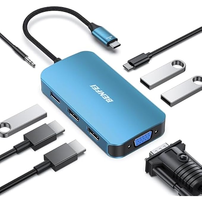 Benfei USB C MST HUB 8IN1 WITH USB-C TO 2*HDMI/1*VGA, USB-C TO 3*USB 3.0/100W POWER DELIVERY/3.5MM AUX AUDIO, COMPATIBLE WITH MACBOOK PRO 2023/2022/2021/2020, SURFACE BOOK AND MORE - Image 1