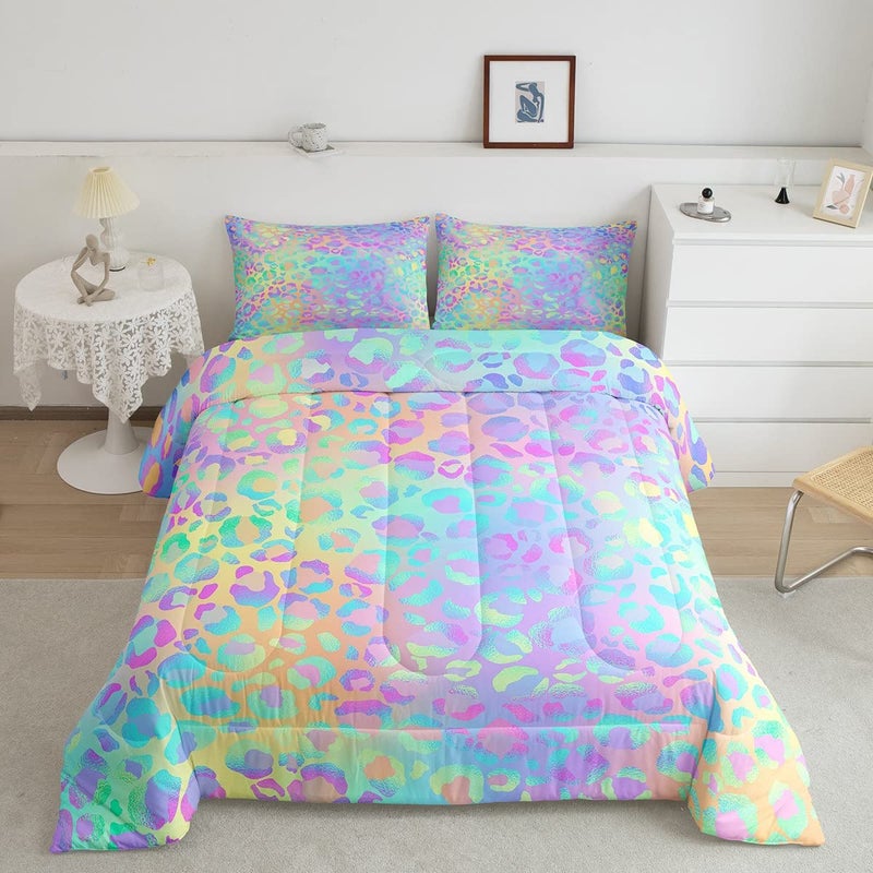 Women Leopard Printed Comforter Set Cheetah Printed Bedding Set for Kids Girls Boys Queen Size Modern Colorful Leopard Rainbow Bedroom Room Decor Lightweight Soft Bedding Quilt with 2 Pillowcases