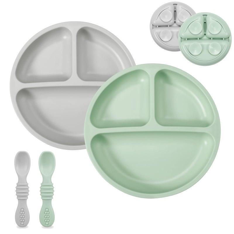 PandaEar Silicone Baby Feeding Set| 2 Pack Silicone Divided Suction Plate with 2 Pack Spoons | Baby Led Weaning Supplies Self Feeding Eating Utensils (Green/Grey) - Image 1