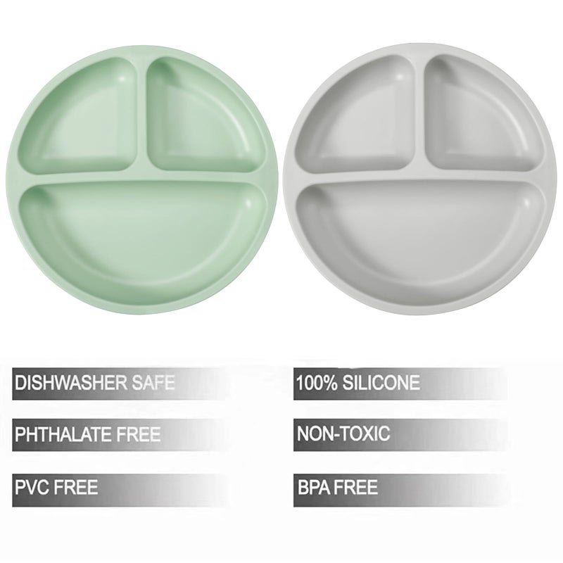 PandaEar Silicone Baby Feeding Set| 2 Pack Silicone Divided Suction Plate with 2 Pack Spoons | Baby Led Weaning Supplies Self Feeding Eating Utensils (Green/Grey) - Image 2