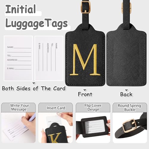 Iqimott Personalized Initial Luggage Tags for Suitcases, Cute PU Leather Embroidered Letter Travel Luggage Tags, Suitcase Identifier Name Baggage Tag, Bag Tags for Men Women Kids Luggage Handbags(Black M) - Image 3