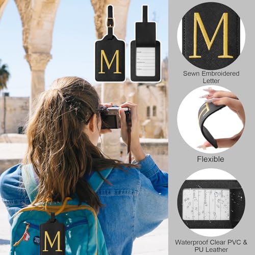 Iqimott Personalized Initial Luggage Tags for Suitcases, Cute PU Leather Embroidered Letter Travel Luggage Tags, Suitcase Identifier Name Baggage Tag, Bag Tags for Men Women Kids Luggage Handbags(Black M) - Image 5