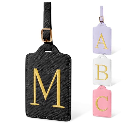 Iqimott Personalized Initial Luggage Tags for Suitcases, Cute PU Leather Embroidered Letter Travel Luggage Tags, Suitcase Identifier Name Baggage Tag, Bag Tags for Men Women Kids Luggage Handbags(Black M) - Image 1
