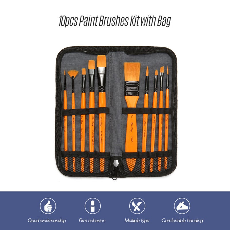 Paint Brush Set: 10Pcs Yellow Premium Nylon Hair Brushes - Wood Handle & Rustproof Aluminum Tubes, Canvas Carry Bag for Artists, Beginners, Watercolor, Acrylic, Oil Painting - Image 2