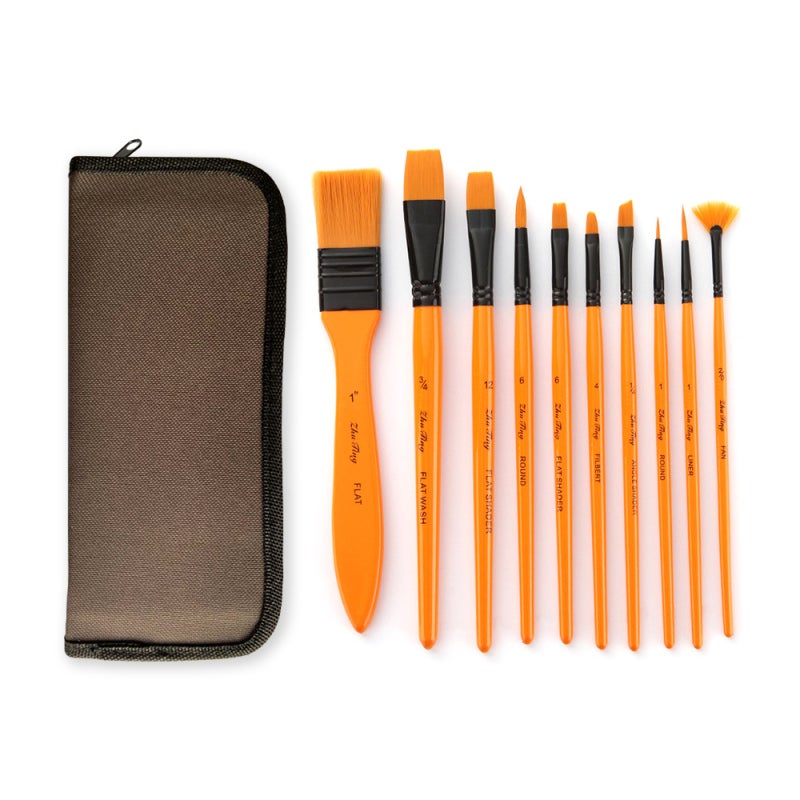 Paint Brush Set: 10Pcs Yellow Premium Nylon Hair Brushes - Wood Handle & Rustproof Aluminum Tubes, Canvas Carry Bag for Artists, Beginners, Watercolor, Acrylic, Oil Painting - Image 5