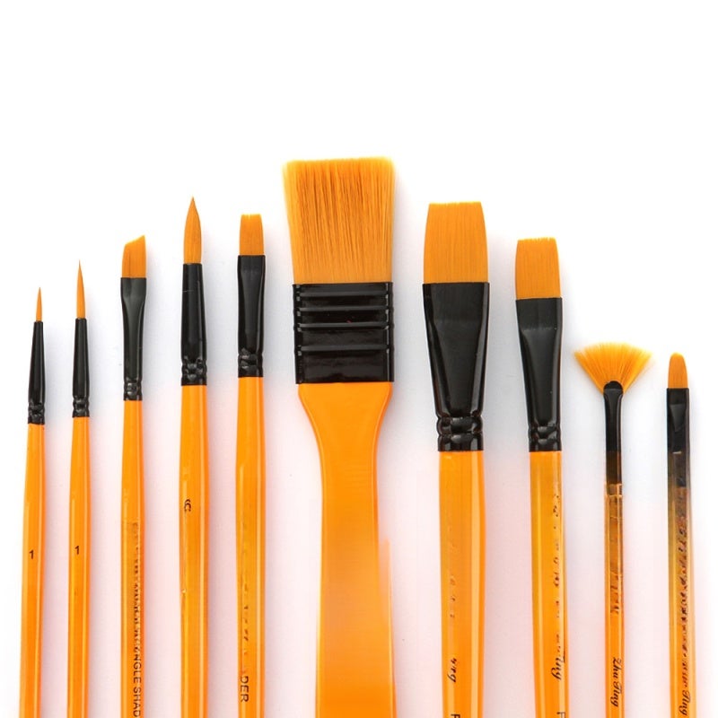 Paint Brush Set: 10Pcs Yellow Premium Nylon Hair Brushes - Wood Handle & Rustproof Aluminum Tubes, Canvas Carry Bag for Artists, Beginners, Watercolor, Acrylic, Oil Painting - Image 1