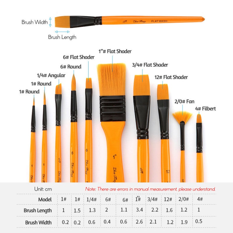 Paint Brush Set: 10Pcs Yellow Premium Nylon Hair Brushes - Wood Handle & Rustproof Aluminum Tubes, Canvas Carry Bag for Artists, Beginners, Watercolor, Acrylic, Oil Painting - Image 4