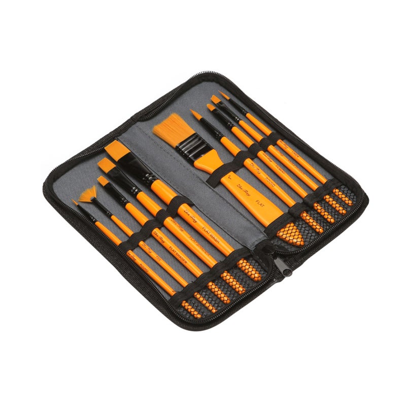 Paint Brush Set: 10Pcs Yellow Premium Nylon Hair Brushes - Wood Handle & Rustproof Aluminum Tubes, Canvas Carry Bag for Artists, Beginners, Watercolor, Acrylic, Oil Painting - Image 3