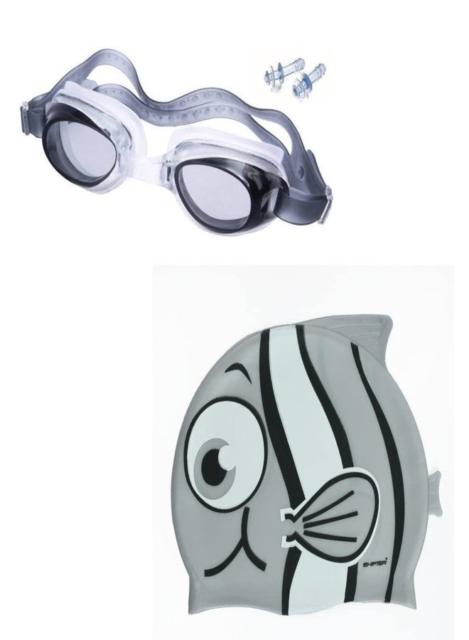 SHIFTER Kids Swimming Kit Combo Set With Fish Swim Cap and Anti Fog Goggle Boys Girls (GREY)
