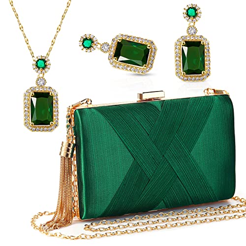 Jadive 3 Pcs Clutch Purses for Women Handbag Evening Purses Bag for Wedding Vintage Banquet Handbag Earrings Necklace Set(Emerald Green) - Image 1