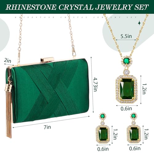 Jadive 3 Pcs Clutch Purses for Women Handbag Evening Purses Bag for Wedding Vintage Banquet Handbag Earrings Necklace Set(Emerald Green) - Image 2