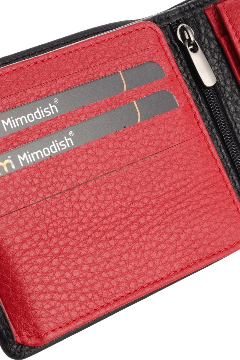 ميموديش 2903 Leather Coin Eyes Zipper Horizontal Black Red Luxury Men's Wallet