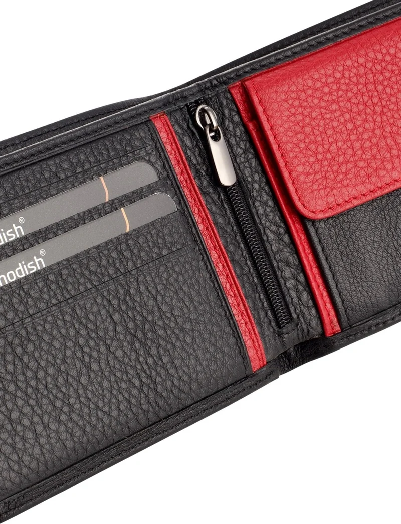 ميموديش 2903 Leather Coin Eyes Zipper Horizontal Black Red Luxury Men's Wallet