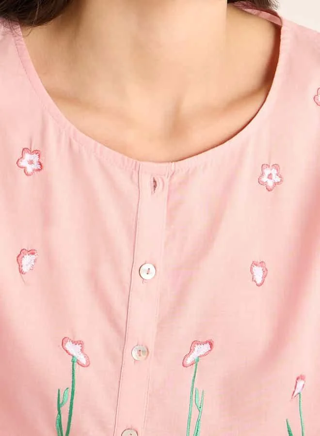 Splash FAV Embroidered Night Dress with Round Neck and Short Sleeves